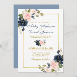 Invitación Marco dorado del Boda floral del Rubor azul turbio