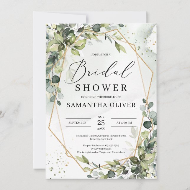 Invitación Marco dorado del follaje verde Boho Ducha de la no (Anverso)