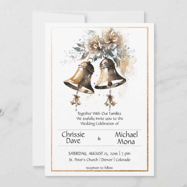 Invitación Marco dorado del pastel crema y las campanas Bodas (Anverso)