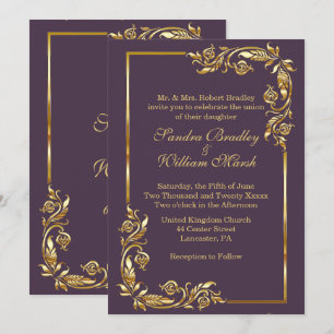 Invitación Marco dorado elegante berenjena con estampado dora