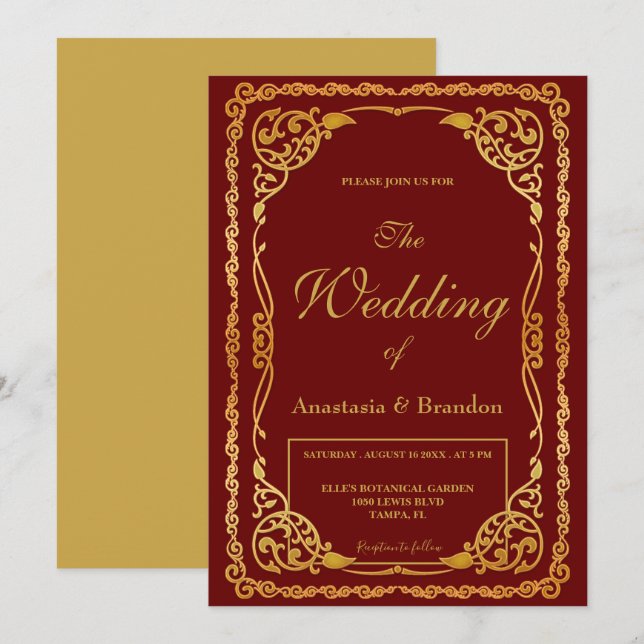 Invitación Marco dorado elegante | BODA (Anverso / Reverso)
