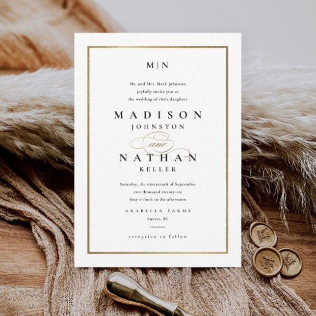 Invitación Marco dorado elegante Boda blanco y negro (Subido por el creador)