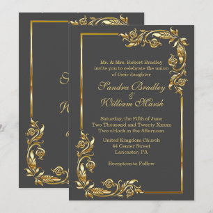Invitación Marco dorado Elegante Carbón Gris con impresión do