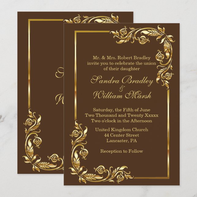 Invitación Marco dorado Elegante Chocolate Brown con impresió (Anverso / Reverso)