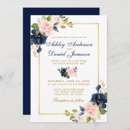 Invitación Marco dorado elegante de la boda floral azul de Ru