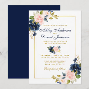 Invitación Marco dorado elegante de la boda floral azul de Ru