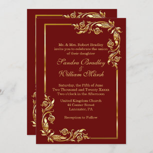Invitación Marco dorado elegante rojo oscuro con impresión do