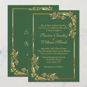 Invitación Marco Dorado Elegante Verde Cazador con Estampado 