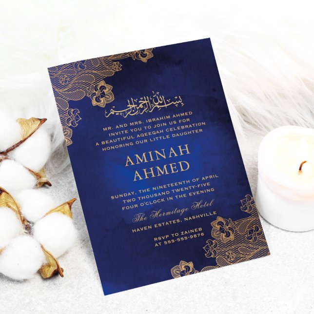 Invitación Marco dorado encaje azul Aqiqa Aqeeqa bebé (Subido por el creador)