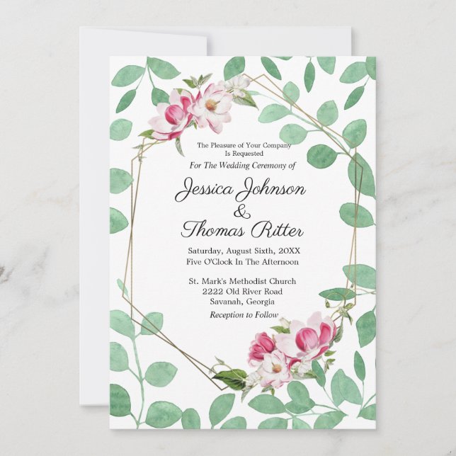 Invitación Marco dorado Eucalyptus Romántico Boda Floral Rosa (Anverso)