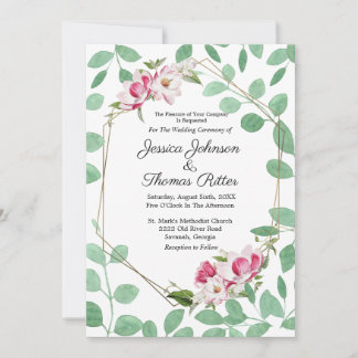 Invitación Marco dorado Eucalyptus Romántico Boda Floral Rosa