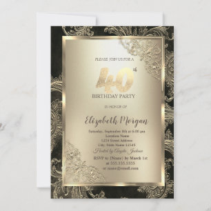 Invitación Marco dorado festivo, Damasco floral Cumpleaños 40