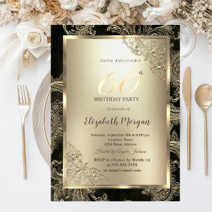 Invitación Marco Dorado Festivo, Damask Floral Cumpleaños 60