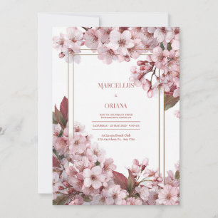 Invitación Marco Dorado Flor de Cerezo Rosa Elegante Boda