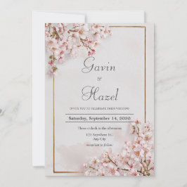 Invitación Marco Dorado Flor de Cerezo Rosa Rubor Romántico