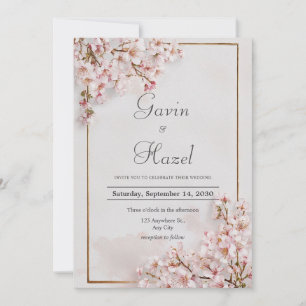 Invitación Marco Dorado Flor de Cerezo Rosa Rubor Romántico