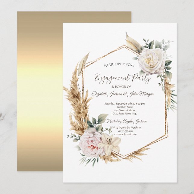 Invitación Marco dorado floral (Anverso / Reverso)