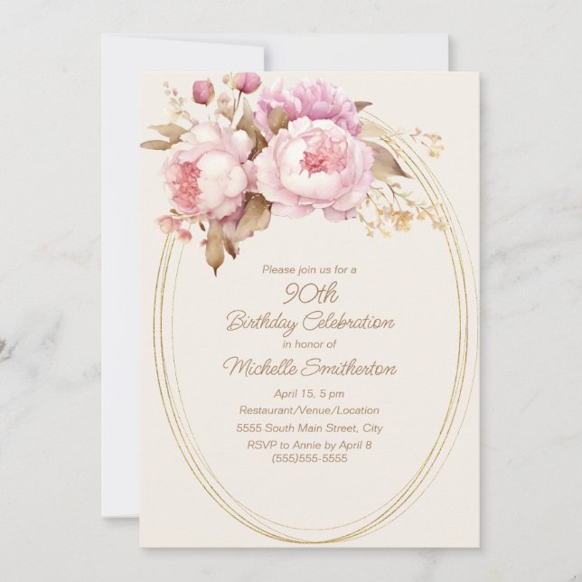 Invitación Marco dorado floral acuarela rosa Cumpleaños 90 (Anverso)