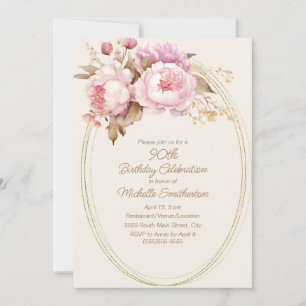 Invitación Marco dorado floral acuarela rosa Cumpleaños 90