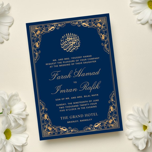 Invitación Marco dorado floral Azul Boda musulmán islámico (Subido por el creador)