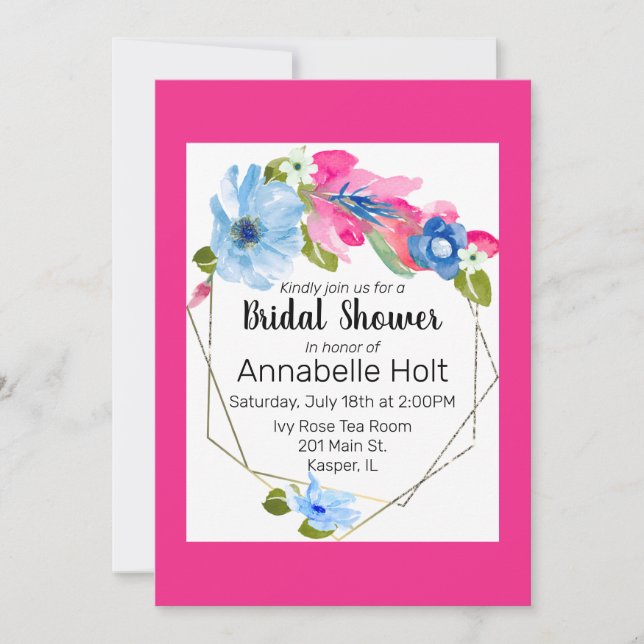 Invitación Marco dorado floral azul caliente azul acuático (Anverso)