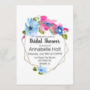 Invitación Marco dorado floral azul caliente azul acuático