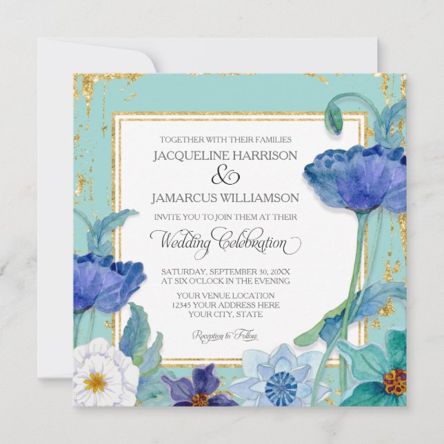 Invitación Marco dorado floral azul y blanco Aqua (Anverso)