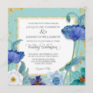 Invitación Marco dorado floral azul y blanco Aqua