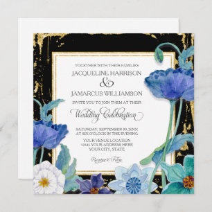 Invitación Marco dorado floral azul y blanco negro