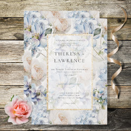 Invitación Marco dorado floral azul y blanco ruso blanco