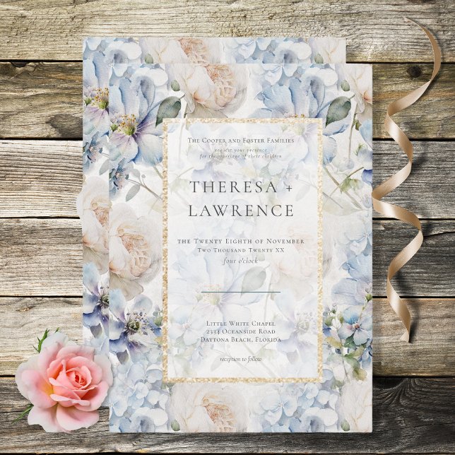 Invitación Marco dorado floral azul y blanco ruso blanco (Subido por el creador)