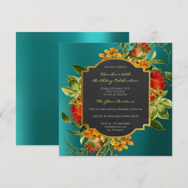 Invitación Marco dorado floral barroco de cumpleaños Verde az (Anverso / Reverso)