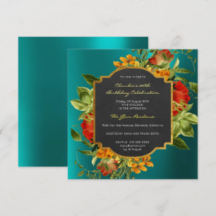 Invitación Marco dorado floral barroco de cumpleaños Verde az