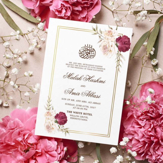 Invitación Marco dorado Floral blanca Boda musulmana islámica (Subido por el creador)