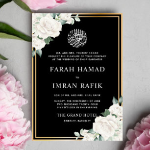 Invitación Marco dorado floral blanco Boda musulmán negro