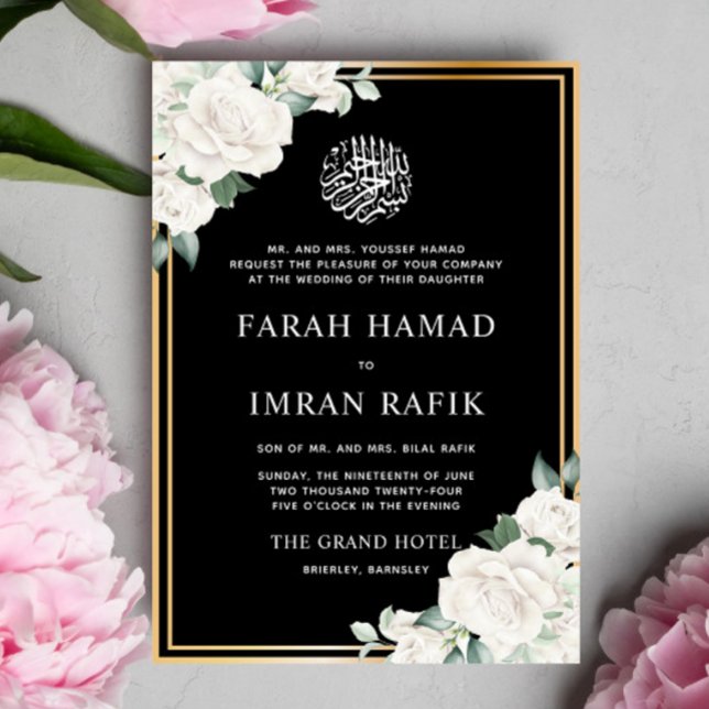 Invitación Marco dorado floral blanco Boda musulmán negro (Subido por el creador)