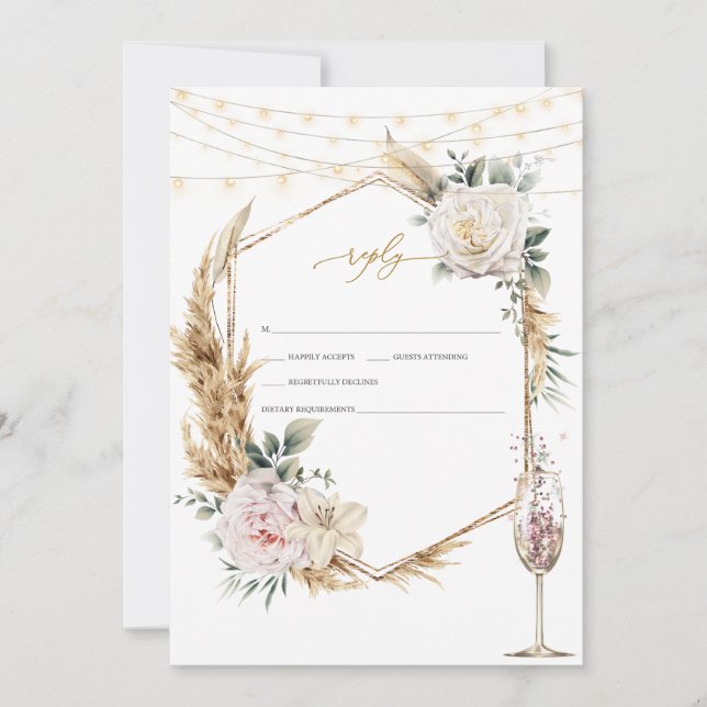 Invitación Marco dorado floral Boda de vidrio de champán RSVP (Anverso)