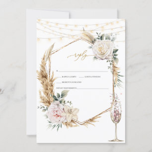 Invitación Marco dorado floral Boda de vidrio de champán RSVP