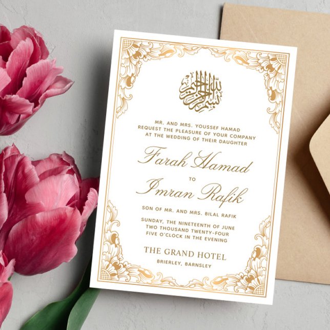 Invitación Marco dorado floral Boda musulmán islámico blanco (Subido por el creador)