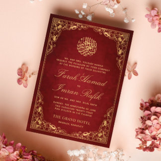 Invitación Marco dorado floral Boda musulmán islámico rojo