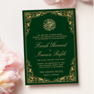 Invitación Marco dorado floral Boda musulmán islámico verde