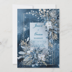 Invitación Marco Dorado Floral Celeste Invernal Lujoso