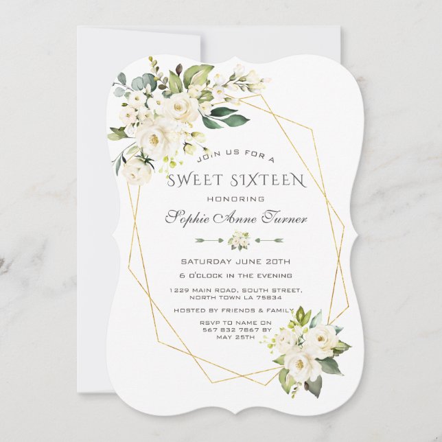 Invitación Marco dorado floral de crema blanca de lujo Diecis (Anverso)
