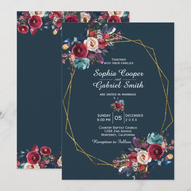Invitación Marco dorado floral de la Marina Borgoña sobre Bod (Anverso / Reverso)