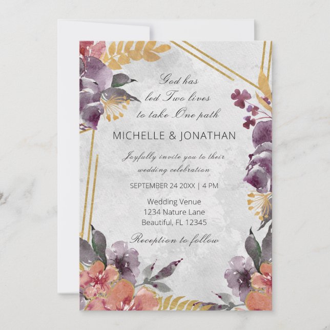 Invitación Marco dorado floral de lavadora de melocotón Boda  (Anverso)