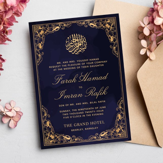 Invitación Marco dorado floral Marina azul Boda musulmana isl (Subido por el creador)