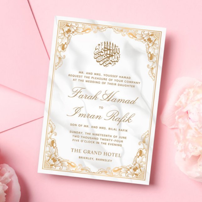 Invitación Marco dorado floral mármol Boda musulmán islámico (Subido por el creador)