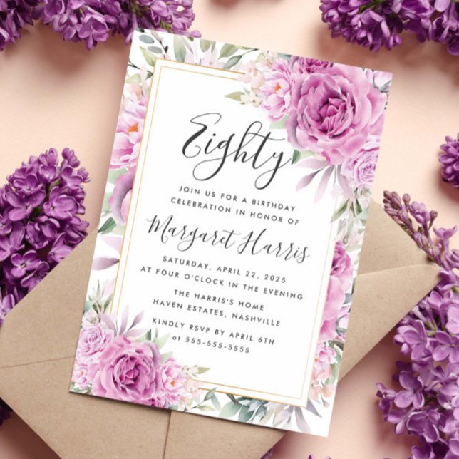 Invitación Marco dorado floral morado Rosa 80 cumpleaños 80 (Subido por el creador)