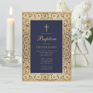 Invitación Marco dorado floral para bautizo de niño elegante