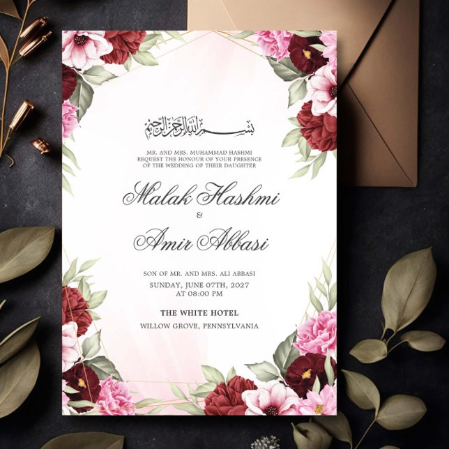 Invitación Marco dorado floral rojo Boda musulmán islámico (Subido por el creador)